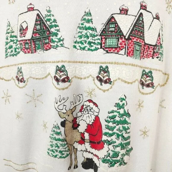 Christmas Sweatshirt Mens Size Large Vintage 90s Santa Claus Reindeer Houses - Picture 2 of 8